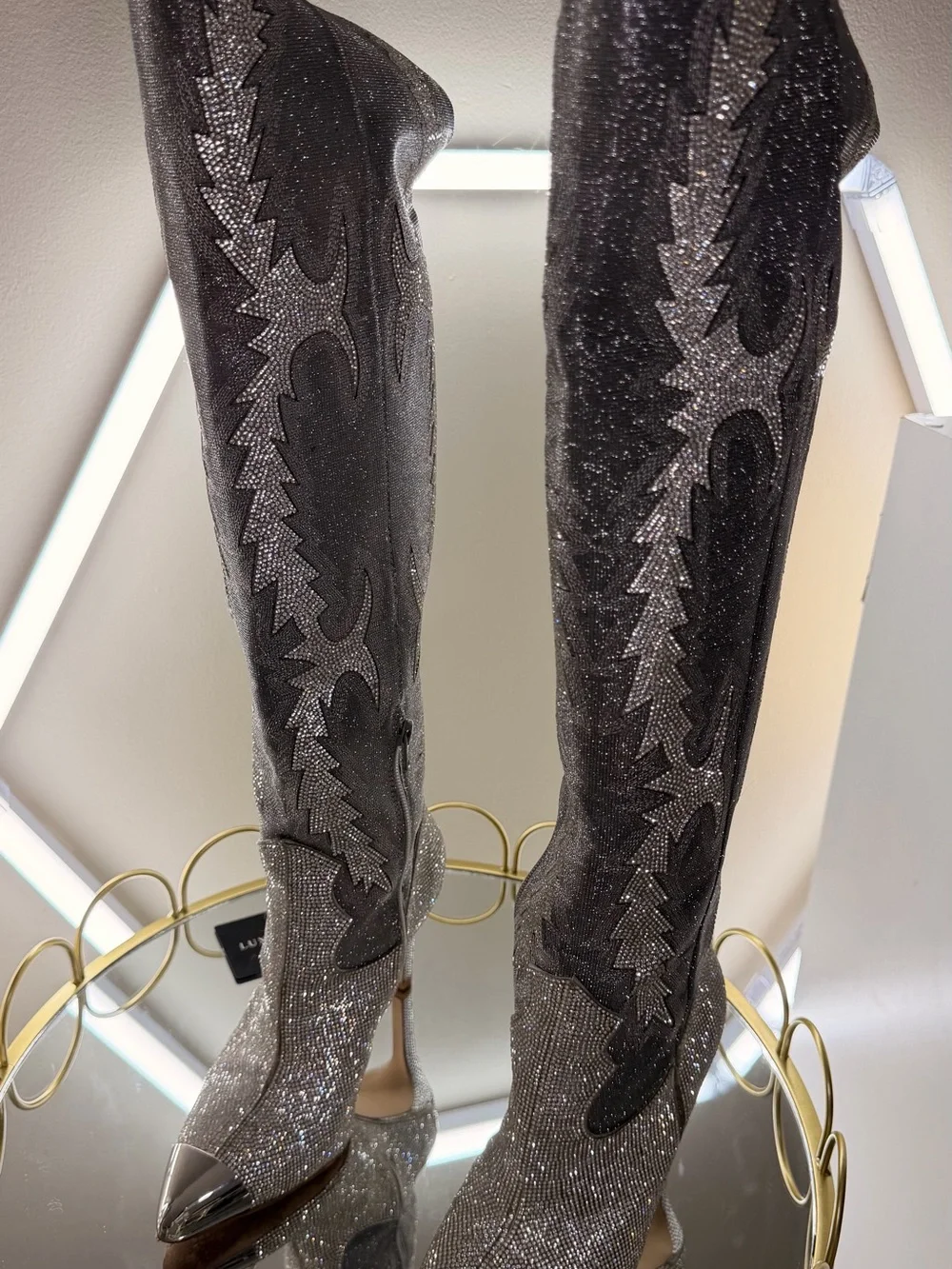 Gianni Bini Katyanna Rhinestone OTK Boots 6.5 Silver Like New